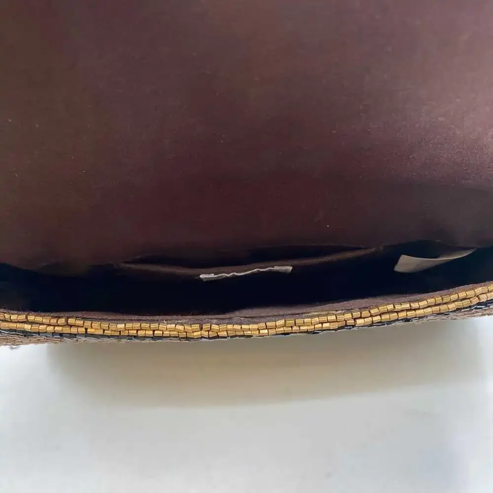 Moyna Brown Silk Beaded Striped Clutch | OS Regular